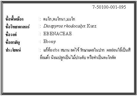 กล่องข้อความ: 7-50100-001-095 ชื่อพื้นเมือง : ตะโก,ตะโกนา,มะโก ชื่อวิทยาศาสตร์ : Diospyros rhodocalyx Kurz ชื่อวงศ์ : EBENACEAE ชื่อสามัญ : Ebony ประโยชน์ : แก้ท้องร่วง สมาน ลดไข้ รักษาแผลในปาก ผลอ่อนใช้เป็นสีย้อมผ้า นิยมปลูกเป็นไม้ประดับ หรือทำเป็นตะโกดัด
